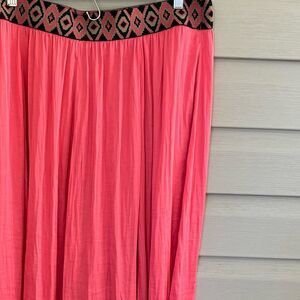 VALERIE STEVENS boho chic bright coral satin crinkle maxi skirt sz XL EUC